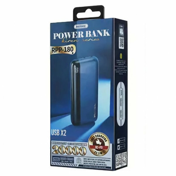 Зовнішній акумулятор REMAX Kiren Series PD20W+QC22.5W Fast Charging Power Bank 20000mAh RPP-180 Blue
