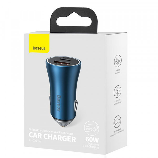 Автомобільний зарядний пристрій Baseus Golden Contactor Max Dual Fast Charger Car Charger U+C 60W Blue (CGJM000103)