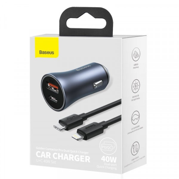 Автомобільний зарядний пристрій Baseus Golden Contactor Pro Dual Car Charger U+C 40W (With Cable Type-C/ iP 1m) Dark Grey (TZCCJD-B0G)