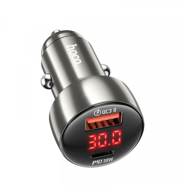 Автомобільний зарядний пристрій HOCO Z50 Leader 48W dual-port PD30W+QC3.0 car charger with digital display Metal Grey (6931474798756)