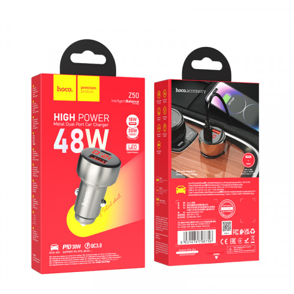Автомобільний зарядний пристрій HOCO Z50 Leader 48W dual-port PD30W+QC3.0 car charger with digital display Metal Grey (6931474798756)