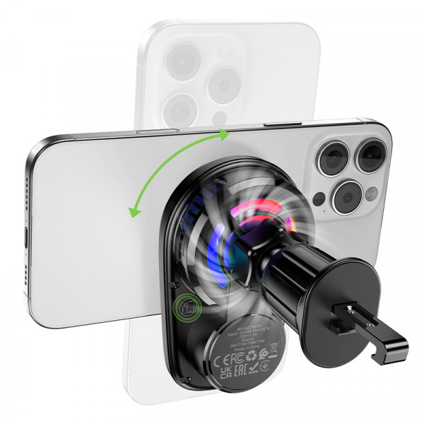 Автотримач для телефона з БЗП HOCO HW36 electric rotating magnetic wireless fast charging car holder(air outlet) Black (6942007672023)