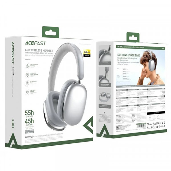 Бездротові накладні навушники ACEFAST H9 active noise cancelling wireless headset, ANC, Silver (6974316284383)