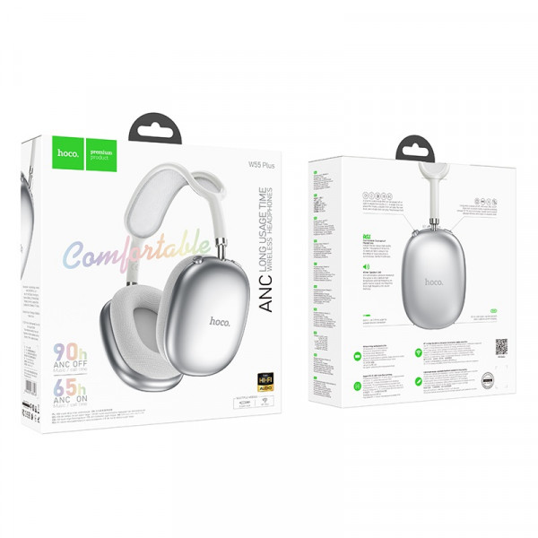 Бездротові накладні навушники HOCO W55 Plus Happiness ANC noise reduction BT headphones Silver (6942007638548)