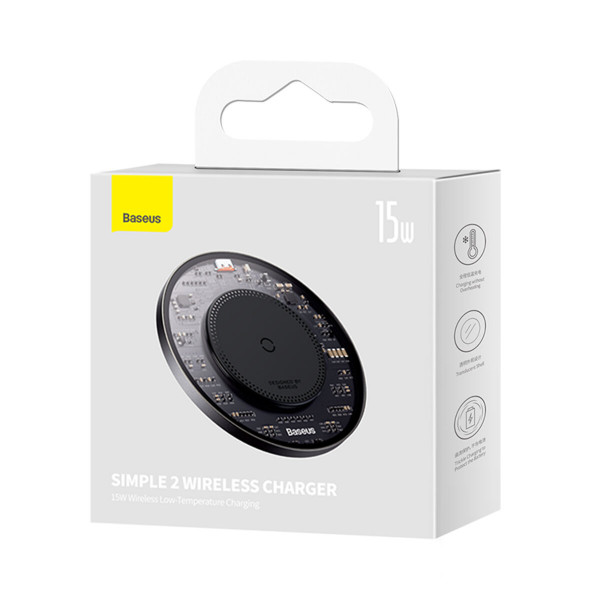 Бездротовий зарядний пристрій Baseus Simple 2 Wireless Charger 15W Cluster Black（Include: Cable Type-C To Type-C 24W 12V/2A 1m Cluster Black)