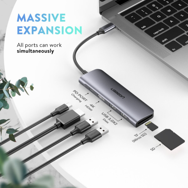 Хаб UGREEN USB-C to 2 Ports USB3.0-A Hub + HDMI + TF/SD with PD Power Supply (Space Gray)