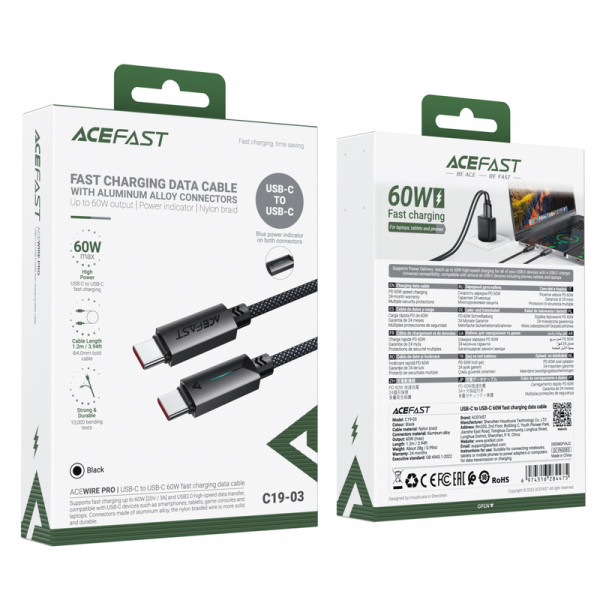Кабель ACEFAST C19-03, Type-C to Type-C, 60W, 1.2m, Nylon Braid, Aluminum Alloy connectors, Black (6974316284475)