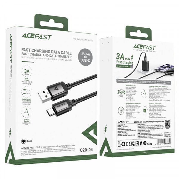Кабель ACEFAST C20-04 USB-A to USB-C aluminum alloy charging data cable Black (6974316283782)