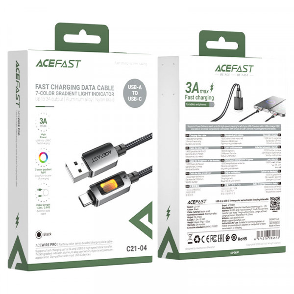 Кабель ACEFAST C21-04 USB-A to USB-C fantasy color series braided Charging data cable Black (6974316284673)