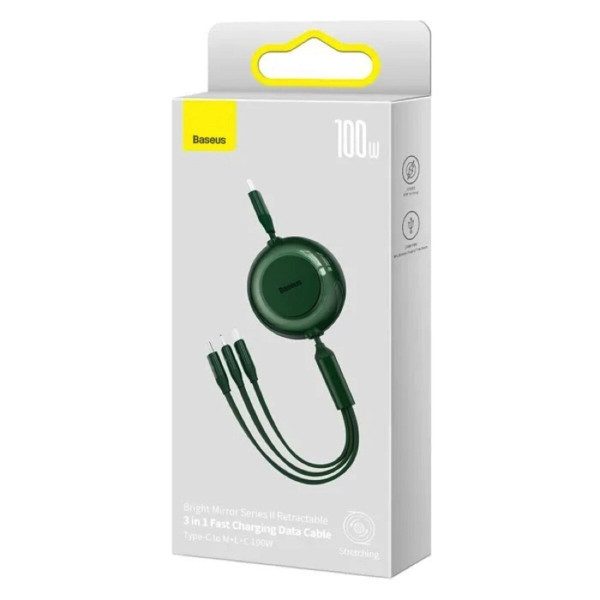 Кабель Baseus Bright Mirror 2 Series Retractable 3-in-1 Fast Charging Data Cable Type-C to M+L+C 100W 1.1m Green