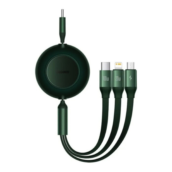 Кабель Baseus Bright Mirror 2 Series Retractable 3-in-1 Fast Charging Data Cable Type-C to M+L+C 100W 1.1m Green