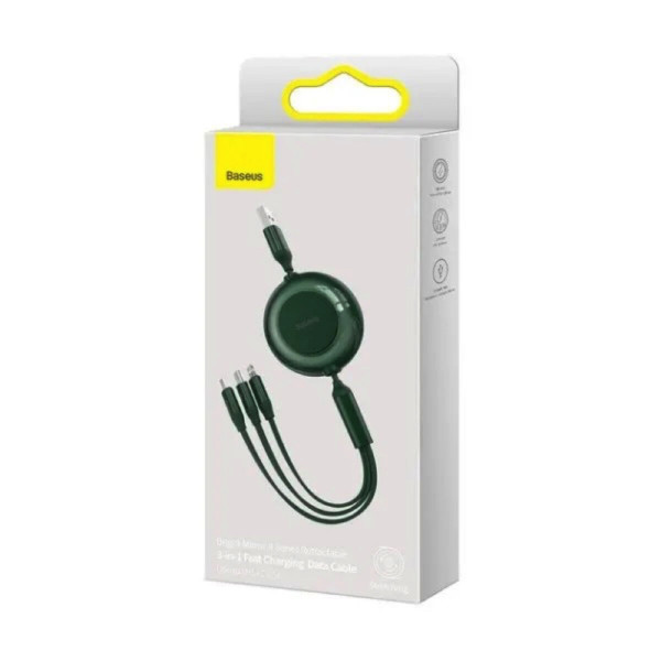 Кабель Baseus Bright Mirror 2 Series Retractable 3-in-1 Fast Charging Data Cable USB to M+L+C 3.5A 1.1m Green