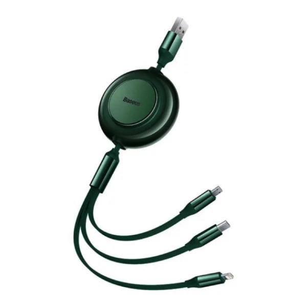 Кабель Baseus Bright Mirror 2 Series Retractable 3-in-1 Fast Charging Data Cable USB to M+L+C 3.5A 1.1m Green