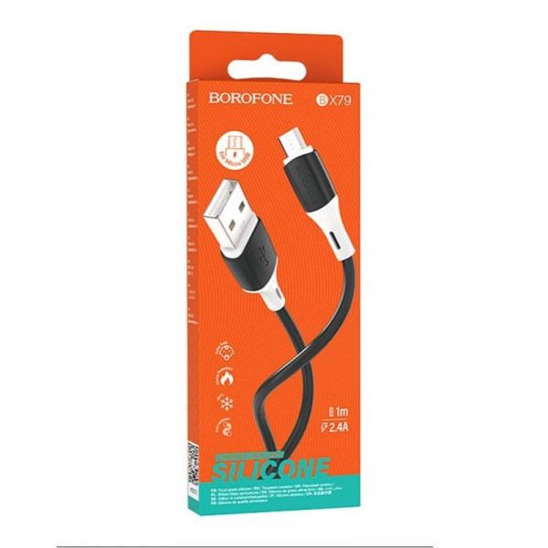 Кабель BOROFONE BX79 USB to Micro 2.4A, 1m, silicone, silicone connectors, Чорний