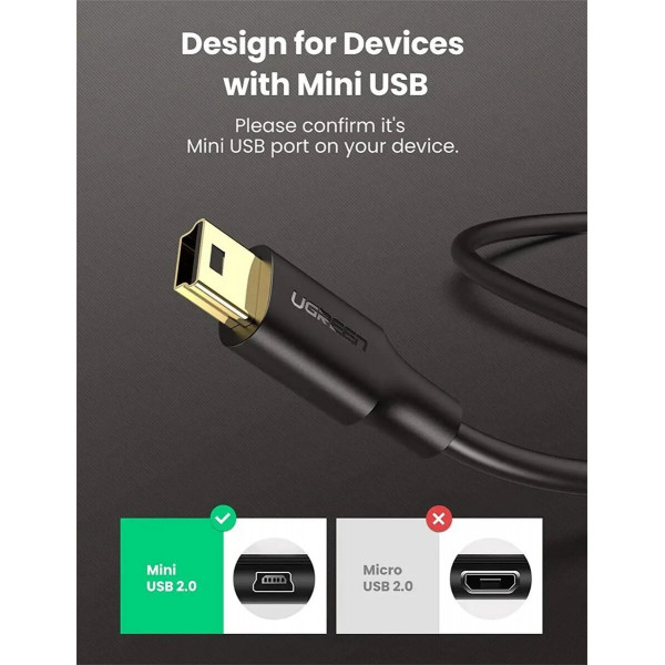 Кабель UGREEN USB 2.0 A Male to Mini 5 Pin Male Cable 0.5m (Black)