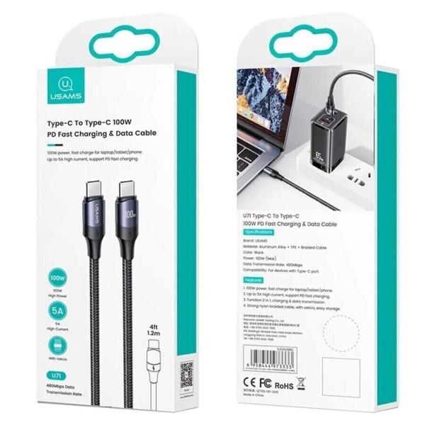 Кабель Usams US-SJ524 U71 Type-C To Type-C 100W PD Fast Charging & Data Cable 1.2m чорний