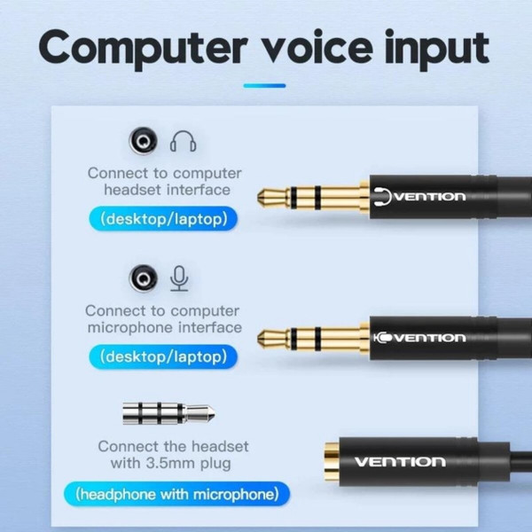 Кабель Vention 2*3.5mm Male to 4 Pole 3.5mm Female Audio Cable 0.3M Чорний ABS Type (BBTBY)
