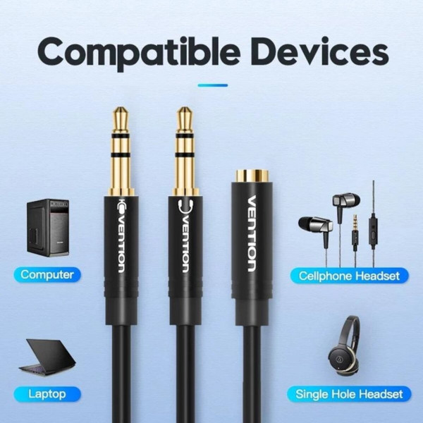 Кабель Vention 2*3.5mm Male to 4 Pole 3.5mm Female Audio Cable 0.3M Чорний ABS Type (BBTBY)