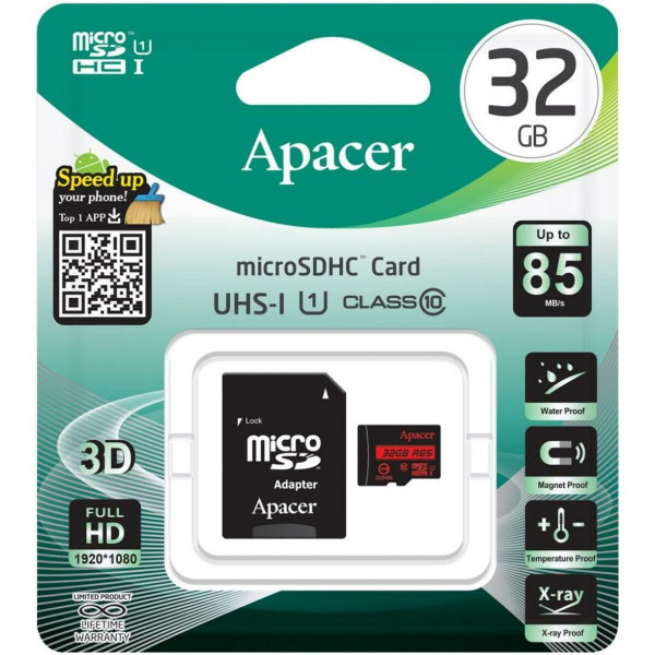 Карта пам'яті microSDHC (UHS-1) Apacer 32Gb class 10 R85MB/s (adapter SD)