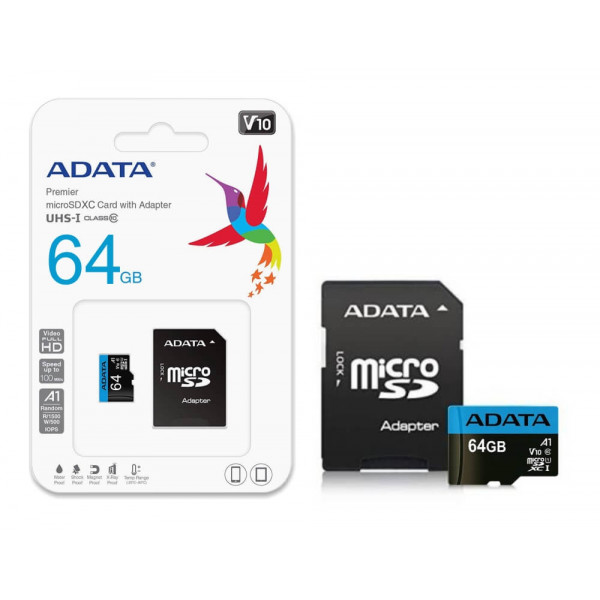 Карта пам'яті microSDXC (UHS-1) A-DATA Premier 64Gb Class 10 A1 (R-100Mb/s) (adapter SD) (AUSDX64GUICL10A1-RA1)