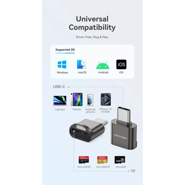 Картридер Vention USB 2.0 Type-C MicroSD Card Reader Gray Zinc Alloy Type