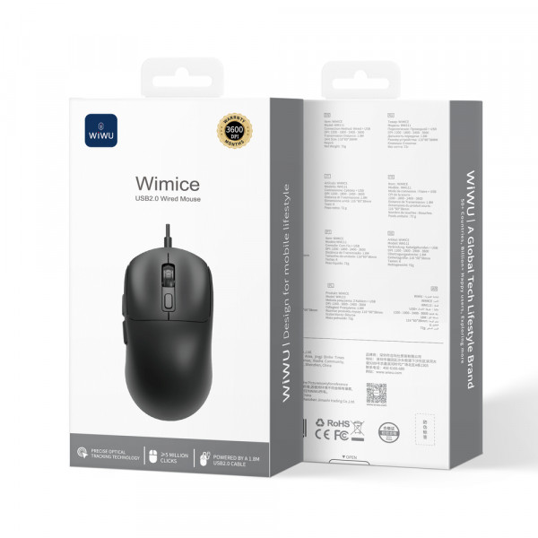 Маніпулятор миша бездротова WIWU USB2.0 Wired Mouse WM111 Black (6977703656879)