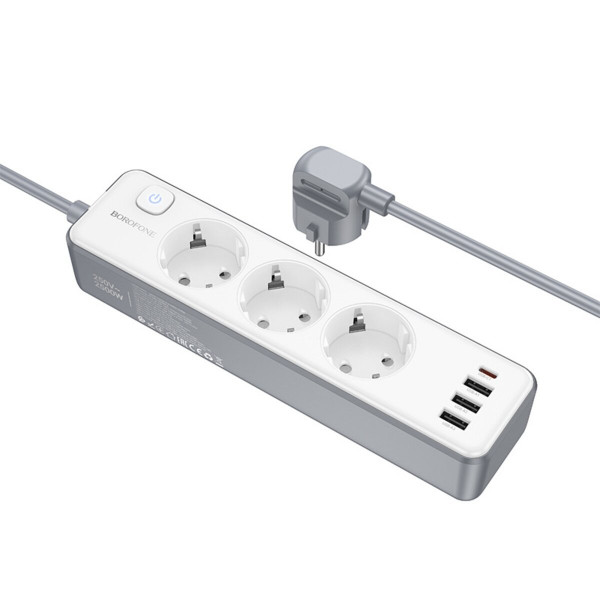 Мережевий подовжувач BOROFONE BAC9 Power 3-position socket(PD20W/1C3A)(EU/GER)(L=3M) Білий
