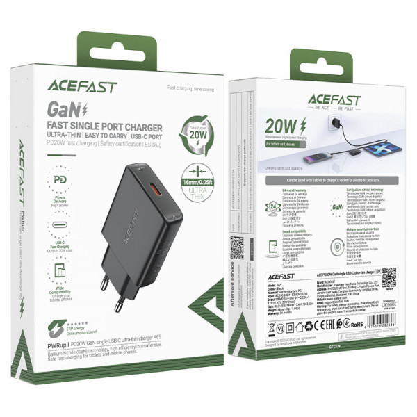 Мережевий зарядний пристрій ACEFAST A65 PD20W GaN single USB-C ultra-thin charger Чорний