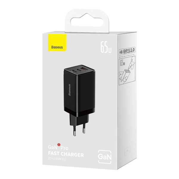 Мережевий зарядний пристрій Baseus GaN5 Pro Fast Charger 2C+U 65W EU Black(Include：Baseus Xiaobai series fast charging Cable Type-C to Type-C 100W(