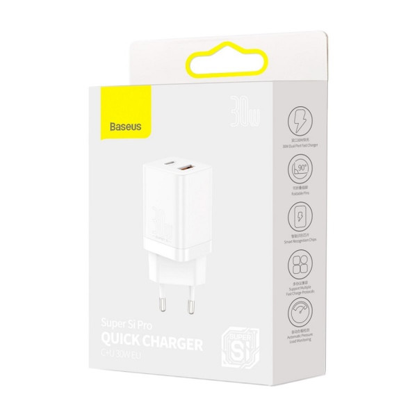 Мережевий зарядний пристрій Baseus Super Si Pro Quick Charger C+U 30W EU Білий