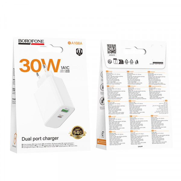 Мережевий зарядний пристрій BOROFONE BA108A Stellar PD30W+QC3.0 charger (EU) White (6941991125379)