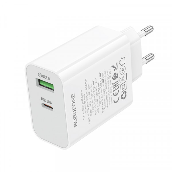 Мережевий зарядний пристрій BOROFONE BA108A Stellar PD30W+QC3.0 charger (EU) White (6941991125379)