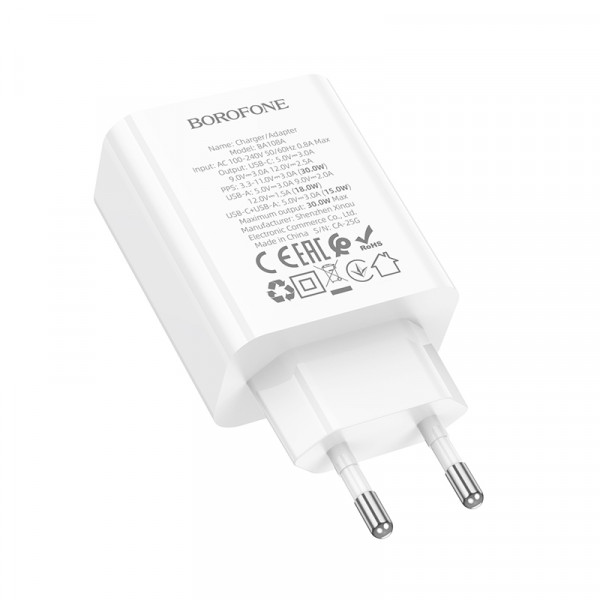 Мережевий зарядний пристрій BOROFONE BA108A Stellar PD30W+QC3.0 charger (EU) White (6941991125379)