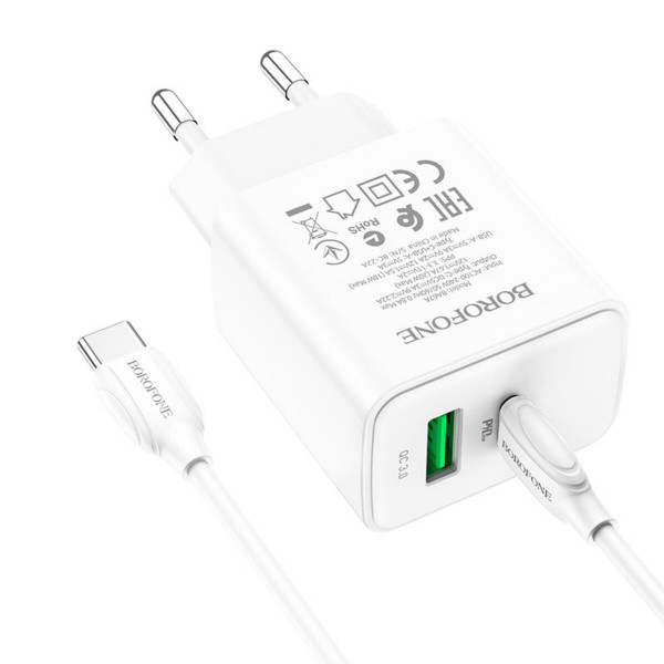 Мережевий зарядний пристрій BOROFONE BA67A PD20W+QC3.0 charger set(Type-C to Type-C) Білий