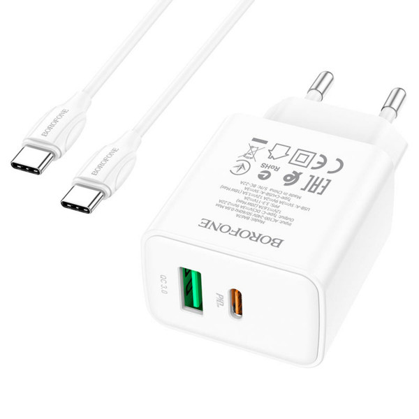 Мережевий зарядний пристрій BOROFONE BA67A PD20W+QC3.0 charger set(Type-C to Type-C) Білий