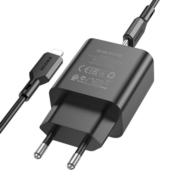 Мережевий зарядний пристрій BOROFONE BA71A Power single Port PD20W charger set(C to iP) Чорний