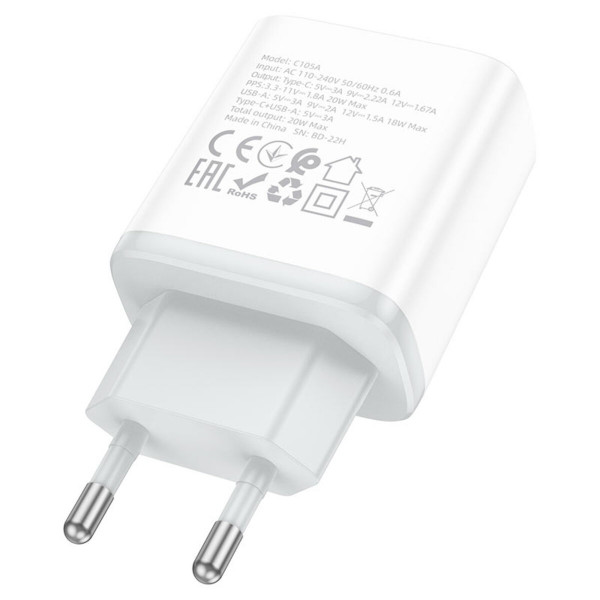 Мережевий зарядний пристрій HOCO C105A Stage dual port PD20W+QC3.0 charger Білий