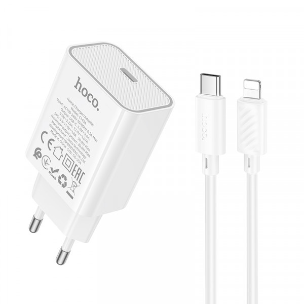Мережевий зарядний пристрій HOCO C143A Benefit single port PD20W charger set(C to iP) White (6942007652070)