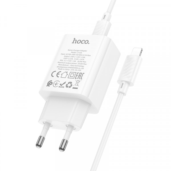 Мережевий зарядний пристрій HOCO C143A Benefit single port PD20W charger set(C to iP) White (6942007652070)