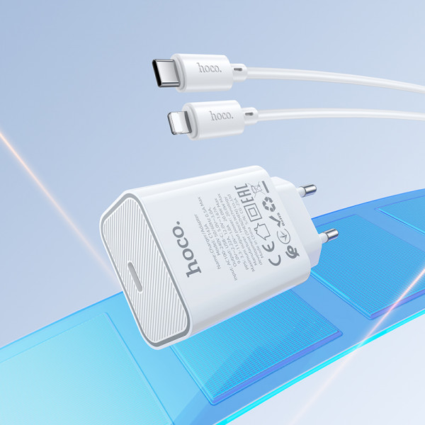 Мережевий зарядний пристрій HOCO C143A Benefit single port PD20W charger set(C to iP) White (6942007652070)
