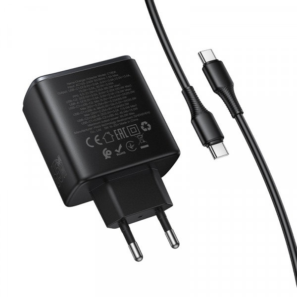 Мережевий зарядний пристрій HOCO C160A Upgrade PD65W(2C1A) charger set(C to C) Black (6942007672016)
