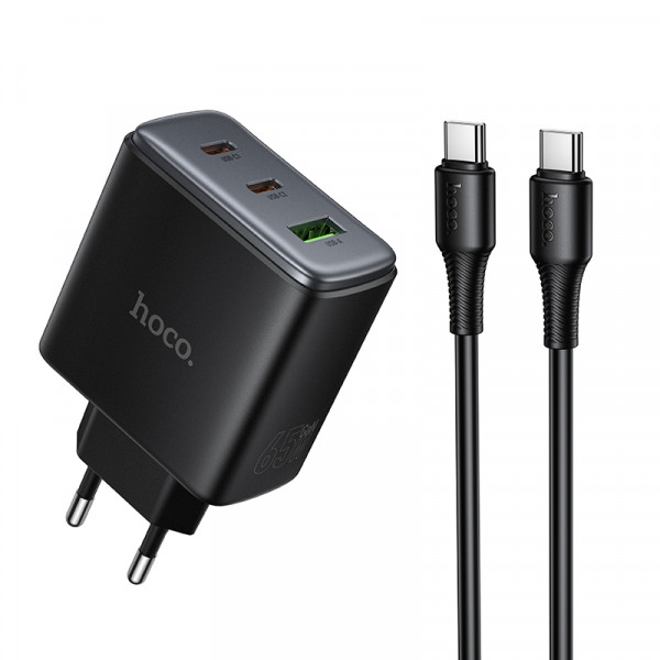 Мережевий зарядний пристрій HOCO C160A Upgrade PD65W(2C1A) charger set(C to C) Black (6942007672016)