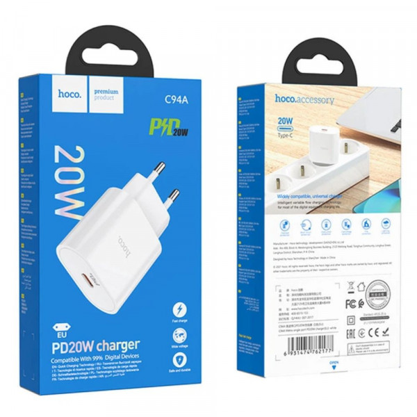 Мережевий зарядний пристрій HOCO C94A Metro single port PD20W charger set(Type-C to Type-C) White (6931474762191)
