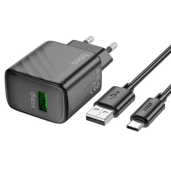 Мережевий зарядний пристрій HOCO CS21A Rich single port QC3.0 charger set (Type-C)(EU) Чорний