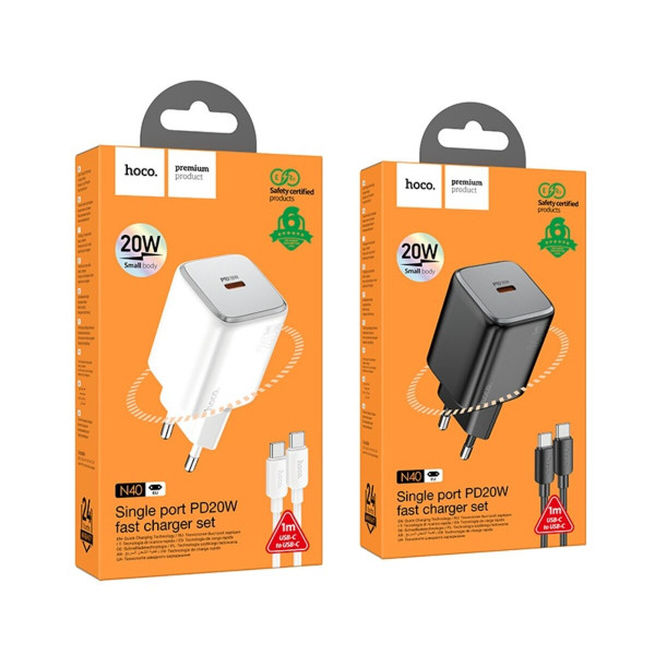 Мережевий зарядний пристрій HOCO N40 Mighty single port PD20W charger set(Type-C to Type-C) Білий