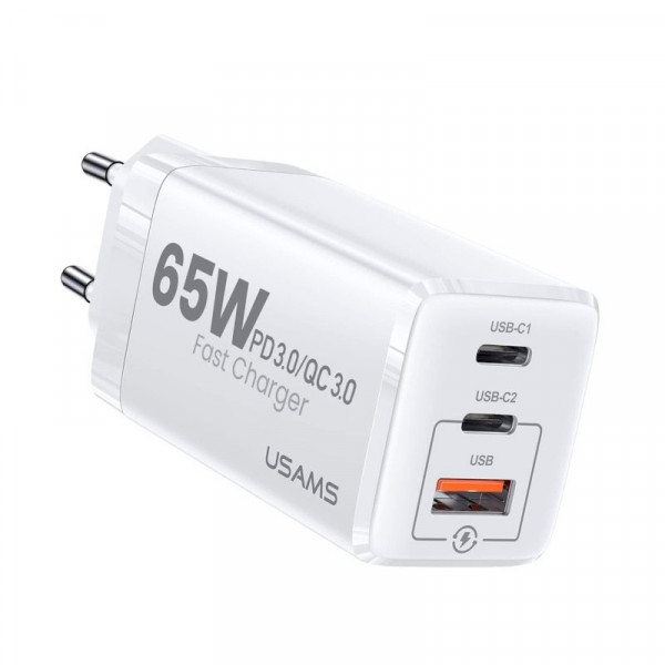 Мережевий зарядний пристрій Usams US-CC110 T33 65W 3 Ports GaN Mini Fast Charger білий