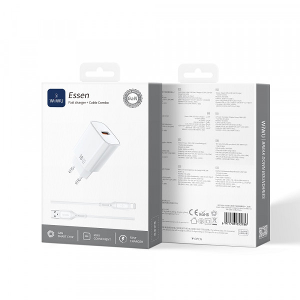 Мережевий зарядний пристрій WIWU 18W Essen GaN Fast Charger + Cable Combo Wi-G006 A-L EU White (6977703654769)
