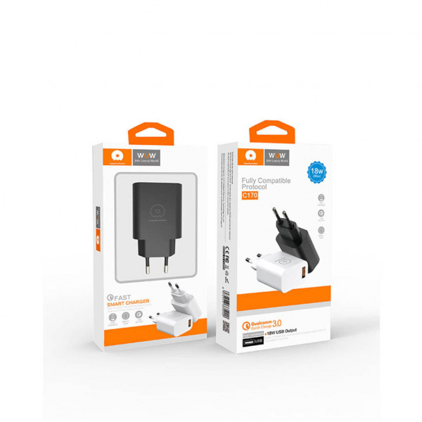 Мережевий зарядний пристрій WUW-C170 QC 3.0 single USB charger 18W (6972573335312)