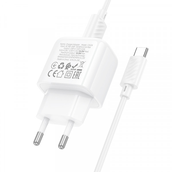 Мережевий зарядний пристрій з кабелем HOCO CS52A Surplus single-port QC3.0 charger set(Type-C) White (6942007631471)