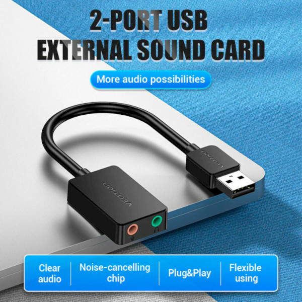 Адаптер Vention 2-port USB External Sound Card 0.15M Black (CDYB0)